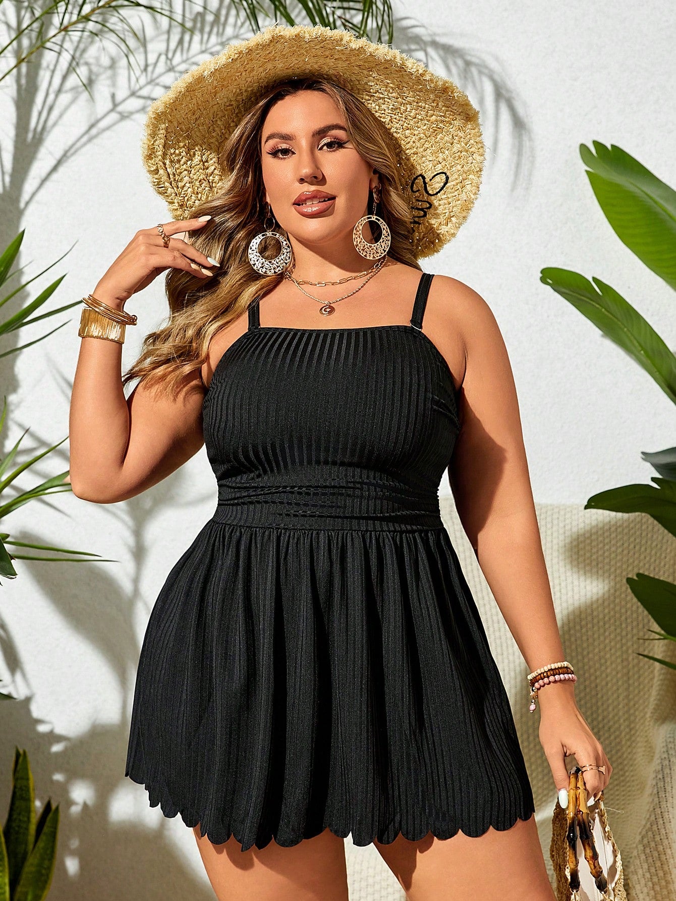 Swim Lushoire Plus Size Summer Solid Spaghetti Strap Swim Dress With Scallop Hem And Bikini Bottom, Suitable For Pool Wear,Summer Beach