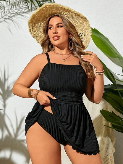 Swim Lushoire Plus Size Summer Solid Spaghetti Strap Swim Dress With Scallop Hem And Bikini Bottom, Suitable For Pool Wear,Summer Beach