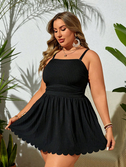 Swim Lushoire Plus Size Summer Solid Spaghetti Strap Swim Dress With Scallop Hem And Bikini Bottom, Suitable For Pool Wear,Summer Beach