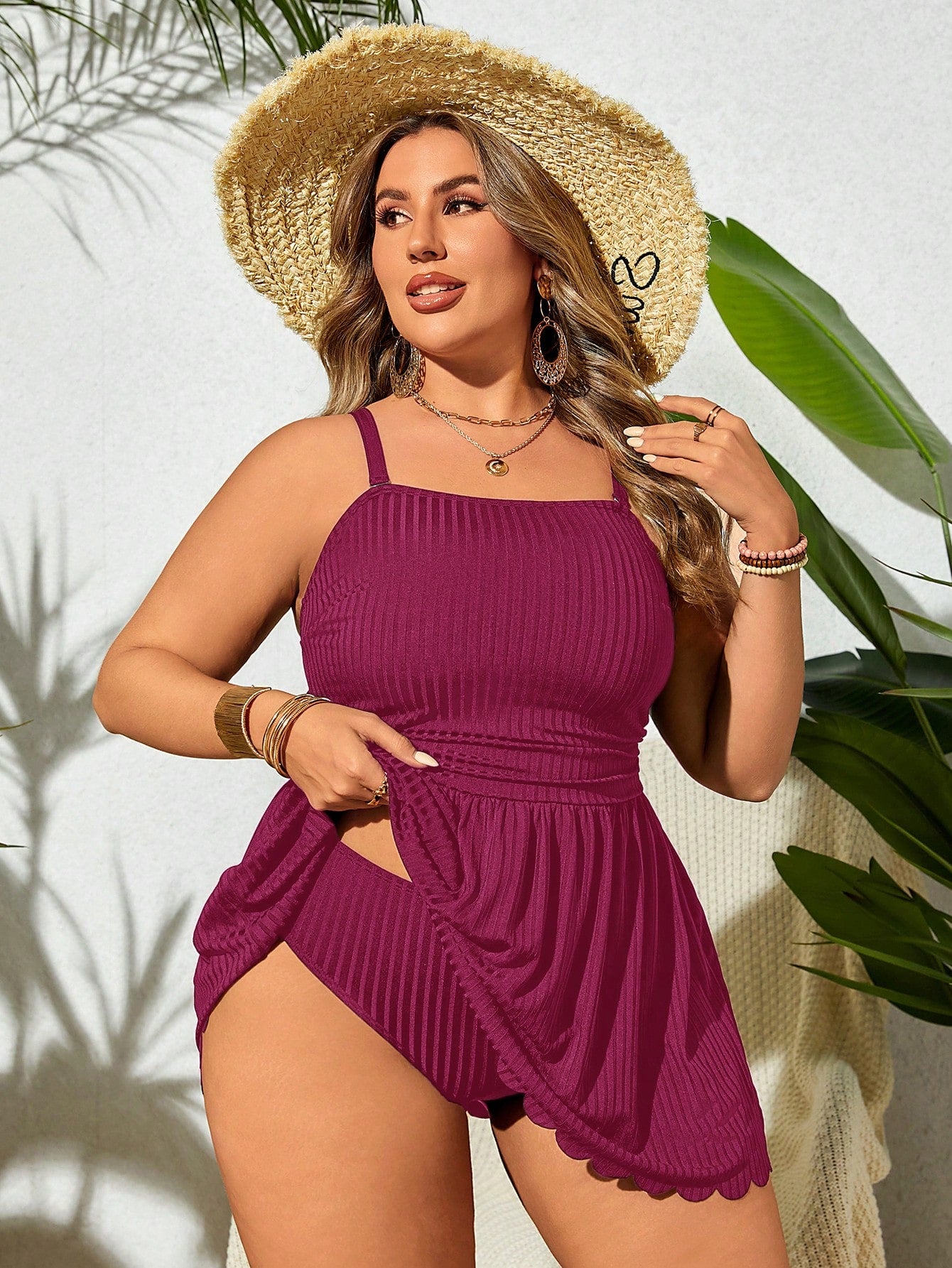 Swim Lushoire Plus Size Summer Solid Spaghetti Strap Swim Dress With Scallop Hem And Bikini Bottom, Suitable For Pool Wear,Summer Beach