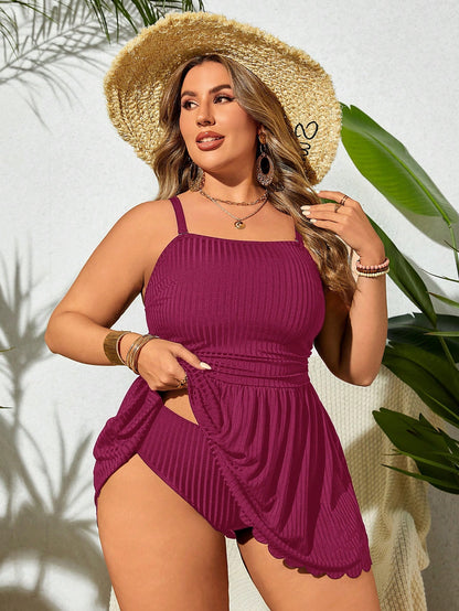 Swim Lushoire Plus Size Summer Solid Spaghetti Strap Swim Dress With Scallop Hem And Bikini Bottom, Suitable For Pool Wear,Summer Beach
