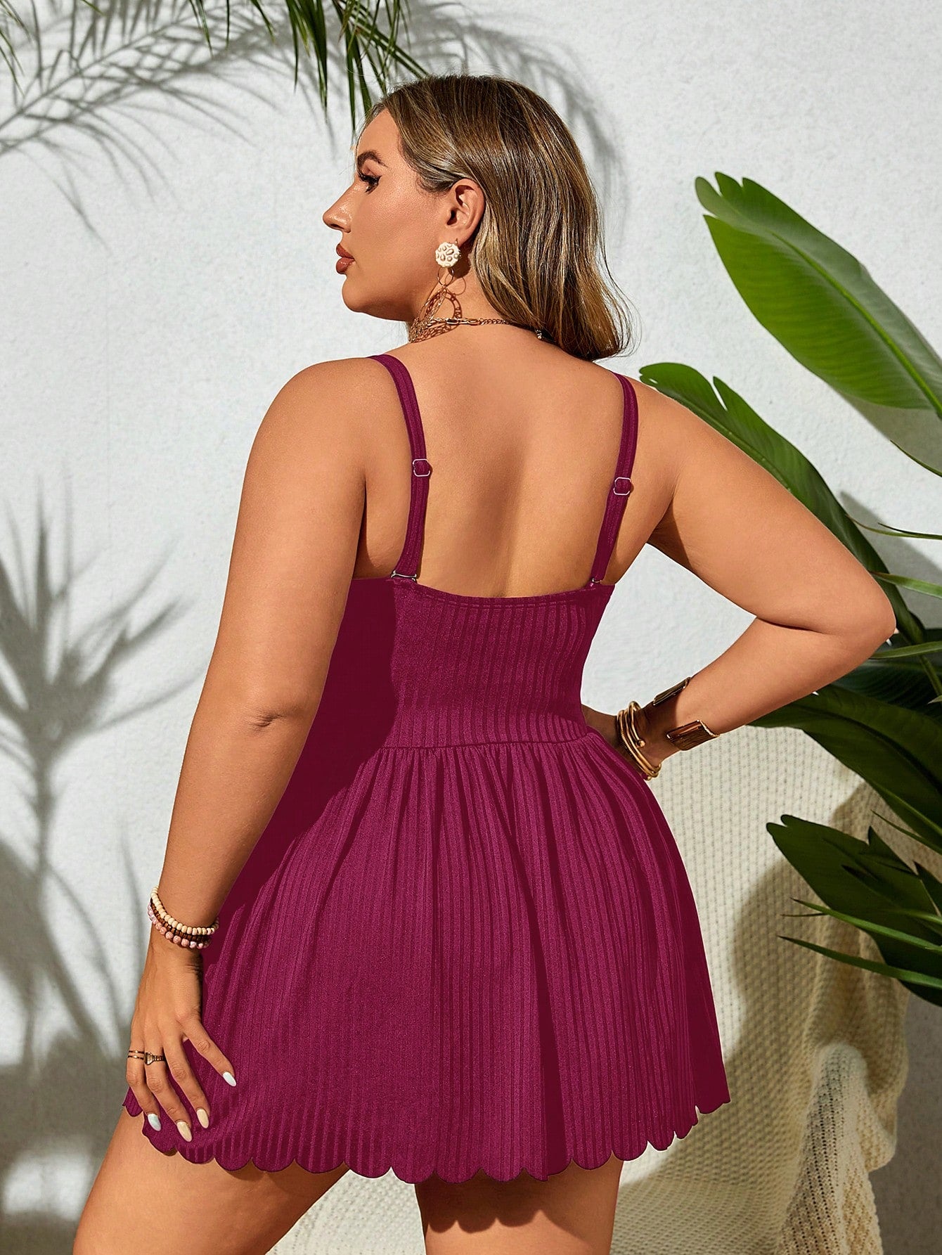 Swim Lushoire Plus Size Summer Solid Spaghetti Strap Swim Dress With Scallop Hem And Bikini Bottom, Suitable For Pool Wear,Summer Beach