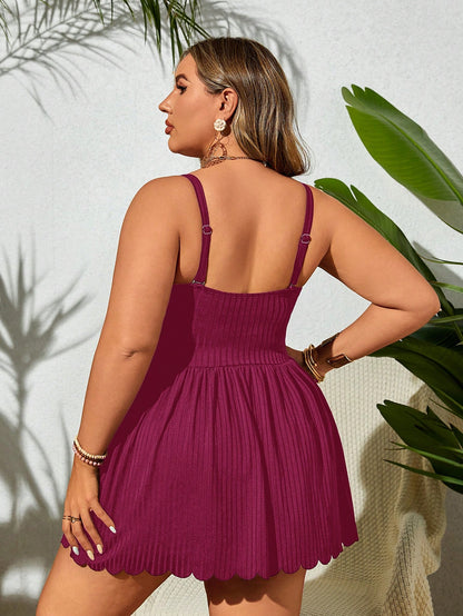 Swim Lushoire Plus Size Summer Solid Spaghetti Strap Swim Dress With Scallop Hem And Bikini Bottom, Suitable For Pool Wear,Summer Beach
