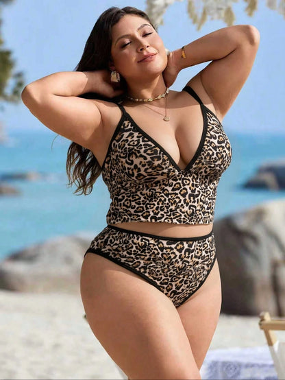 Swim Lushoire Plus Size Women 2-Piece Geometric Print Bikini Swimwear Tie Dye,Summer,Beach,Vacation,Holiday Modest Bow Adjustable Strap High Waist High Leg Opening
