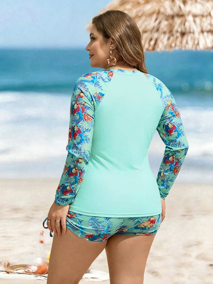 Swim Lushoire Plus Size Women 2-Piece Set,Long Sleeve Round Neck Swimsuit & High Waist Drawstring Shorts,Sage Green,Summer,Elegant,Beach,Vacation,Holiday Leaf Print