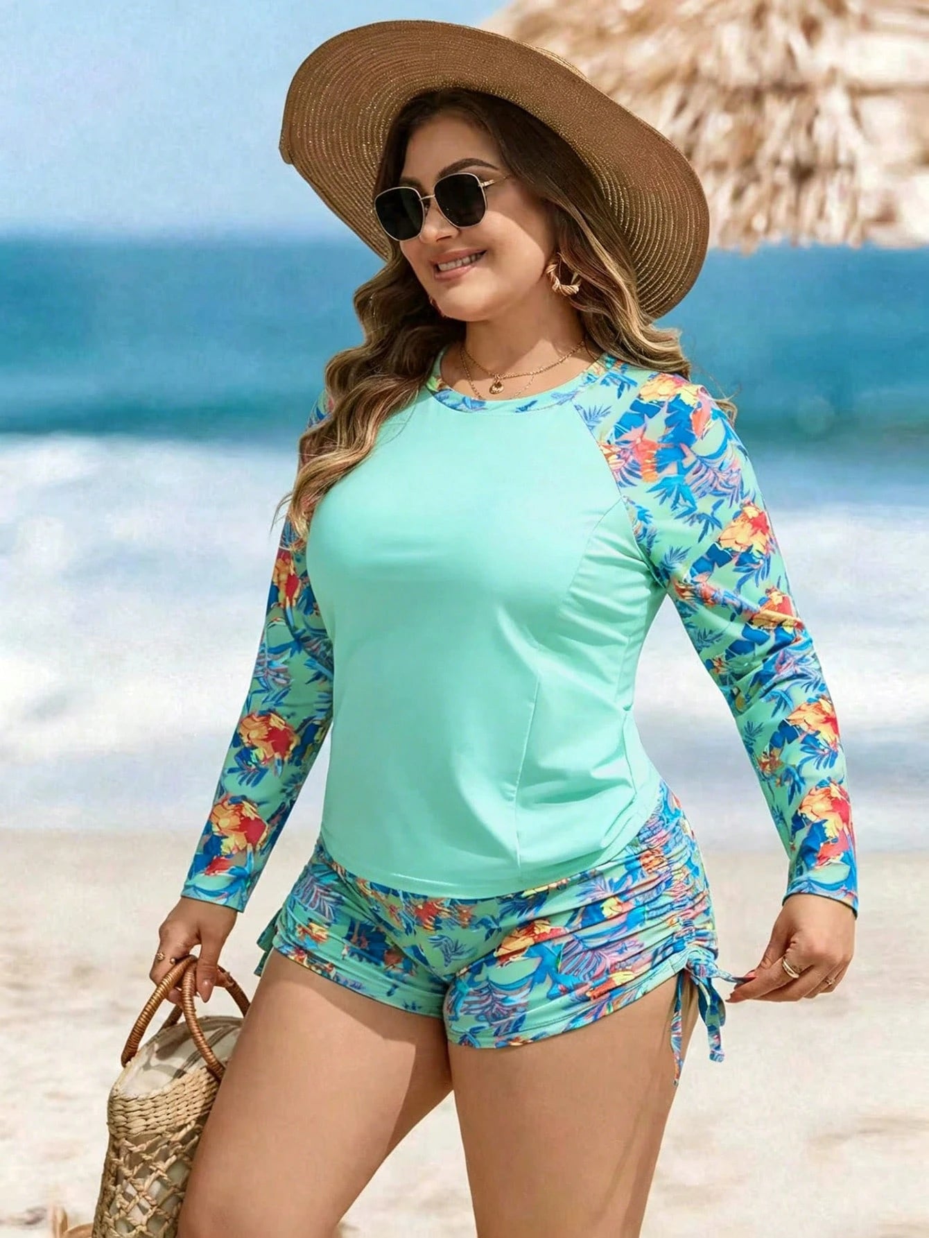 Swim Lushoire Plus Size Women 2-Piece Set,Long Sleeve Round Neck Swimsuit & High Waist Drawstring Shorts,Sage Green,Summer,Elegant,Beach,Vacation,Holiday Leaf Print