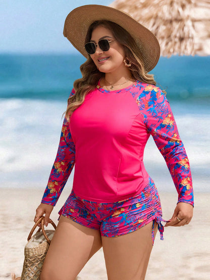Swim Lushoire Plus Size Women 2-Piece Set,Long Sleeve Round Neck Swimsuit & High Waist Drawstring Shorts,Sage Green,Summer,Elegant,Beach,Vacation,Holiday Leaf Print
