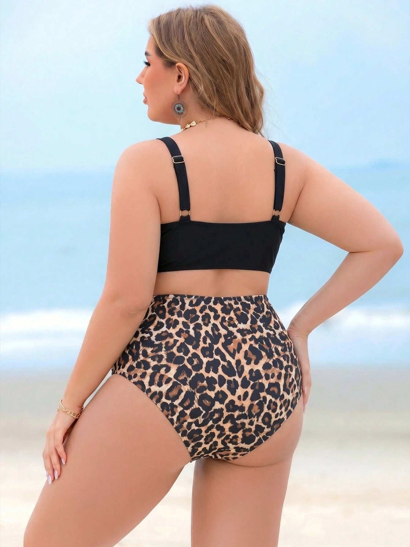 Swim Lushoire Plus Size Women 2 Pieces High Waist Separate Random Print Conservative Slim Fit Push-Up Beach Vacation Swimsuit Set