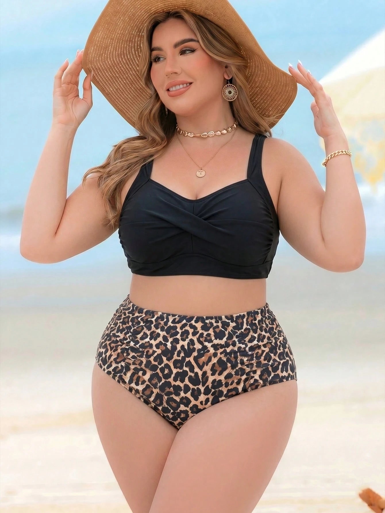 Swim Lushoire Plus Size Women 2 Pieces High Waist Separate Random Print Conservative Slim Fit Push-Up Beach Vacation Swimsuit Set