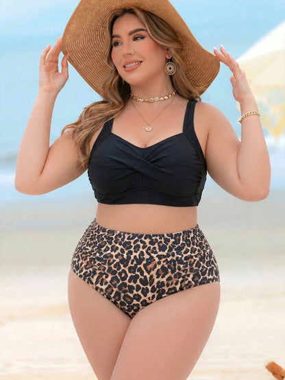 Swim Lushoire Plus Size Women 2 Pieces High Waist Separate Random Print Conservative Slim Fit Push-Up Beach Vacation Swimsuit Set