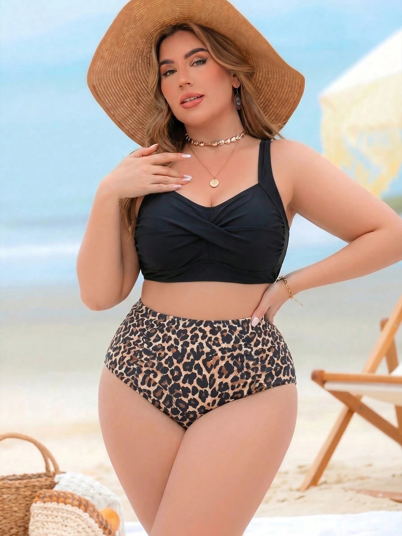 Swim Lushoire Plus Size Women 2 Pieces High Waist Separate Random Print Conservative Slim Fit Push-Up Beach Vacation Swimsuit Set