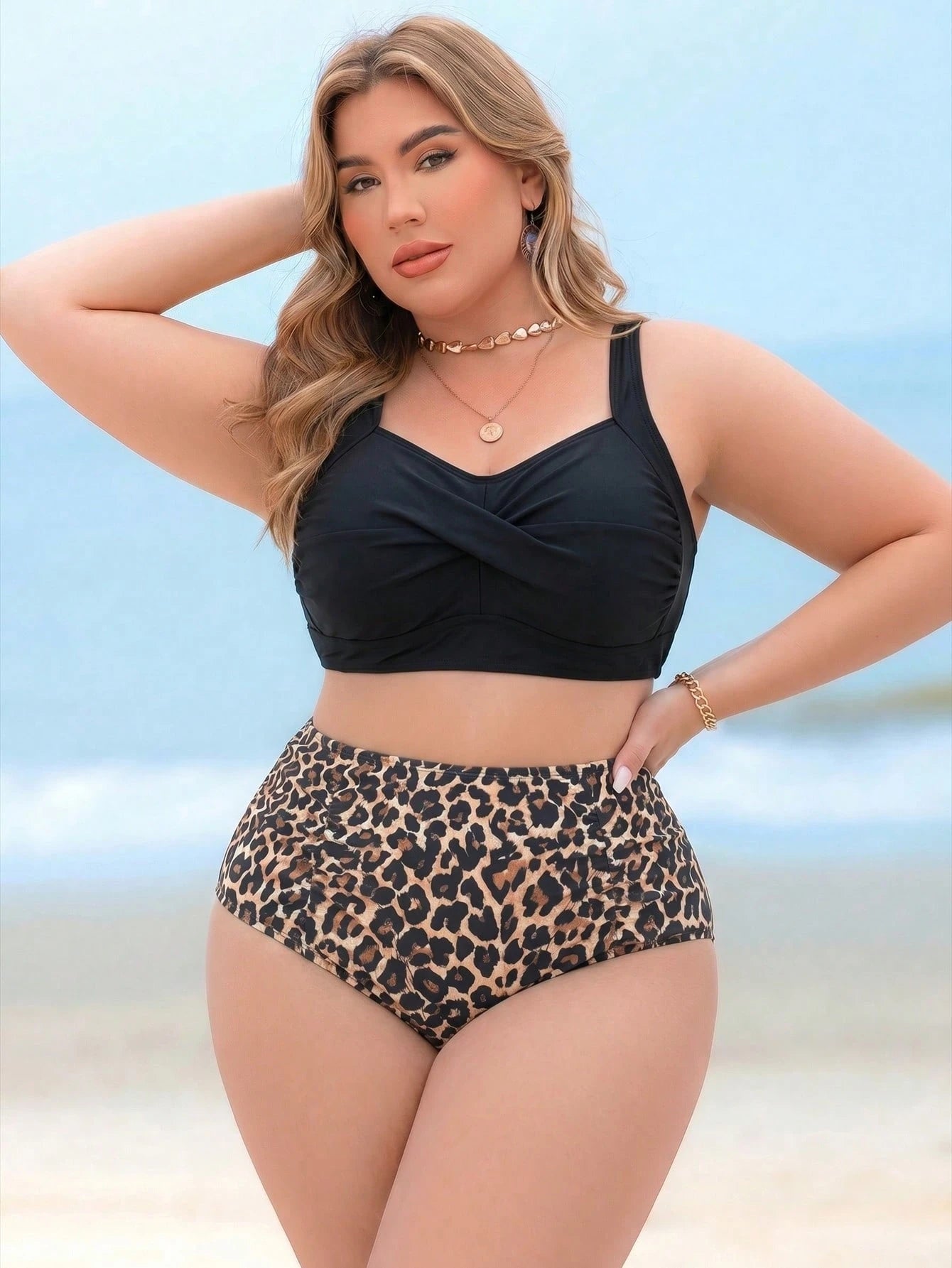 Swim Lushoire Plus Size Women 2 Pieces High Waist Separate Random Print Conservative Slim Fit Push-Up Beach Vacation Swimsuit Set