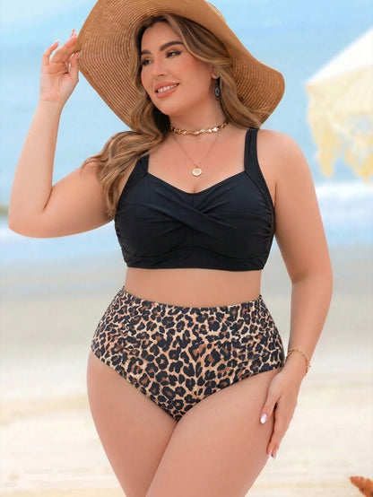 Swim Lushoire Plus Size Women 2 Pieces High Waist Separate Random Print Conservative Slim Fit Push-Up Beach Vacation Swimsuit Set