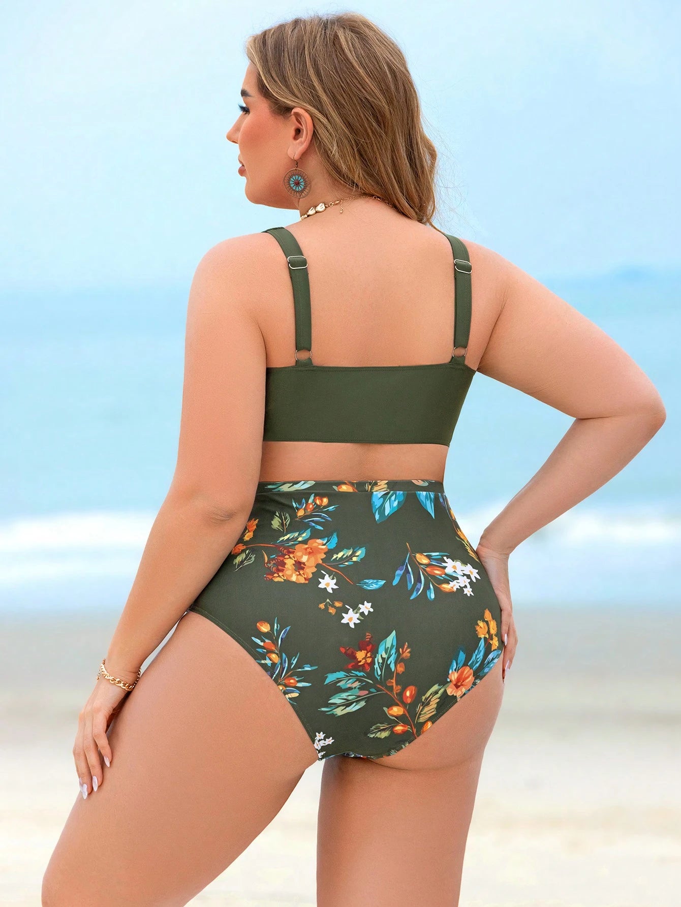Swim Lushoire Plus Size Women 2 Pieces High Waist Separate Random Print Conservative Slim Fit Push-Up Beach Vacation Swimsuit Set