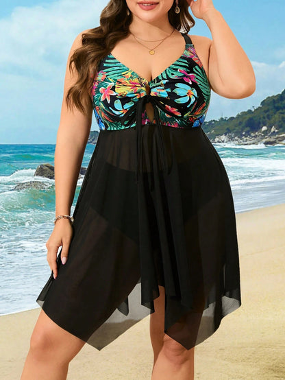 Swim Lushoire Plus Size Women 2 Pieces Tropical Print Splicing Black Mesh Beach Vacation Swimsuit For Summer