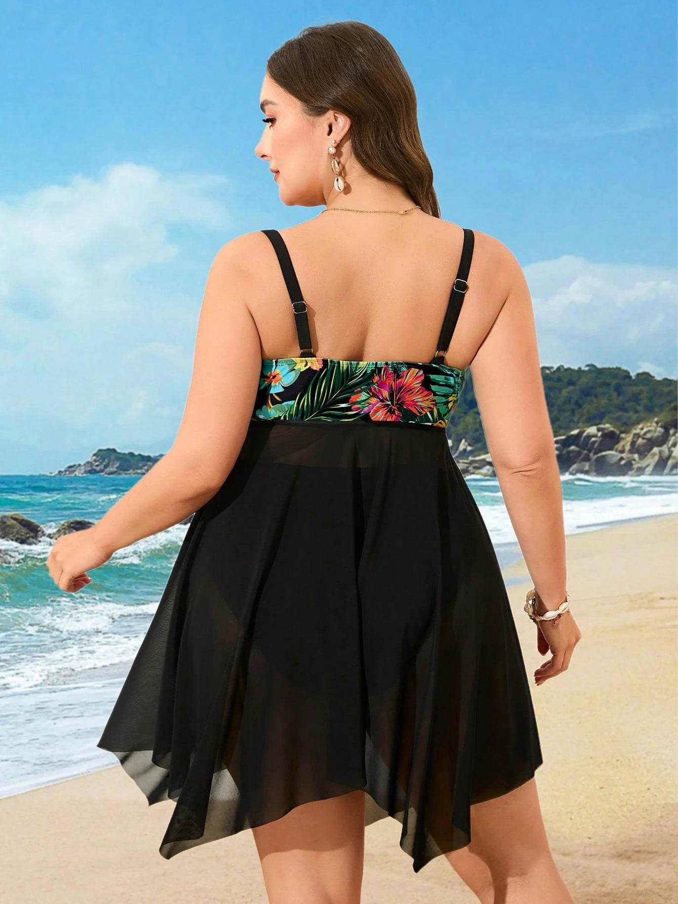 Swim Lushoire Plus Size Women 2 Pieces Tropical Print Splicing Black Mesh Beach Vacation Swimsuit For Summer