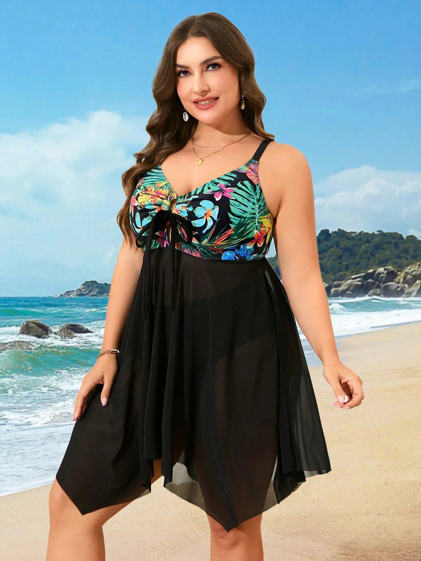 Swim Lushoire Plus Size Women 2 Pieces Tropical Print Splicing Black Mesh Beach Vacation Swimsuit For Summer
