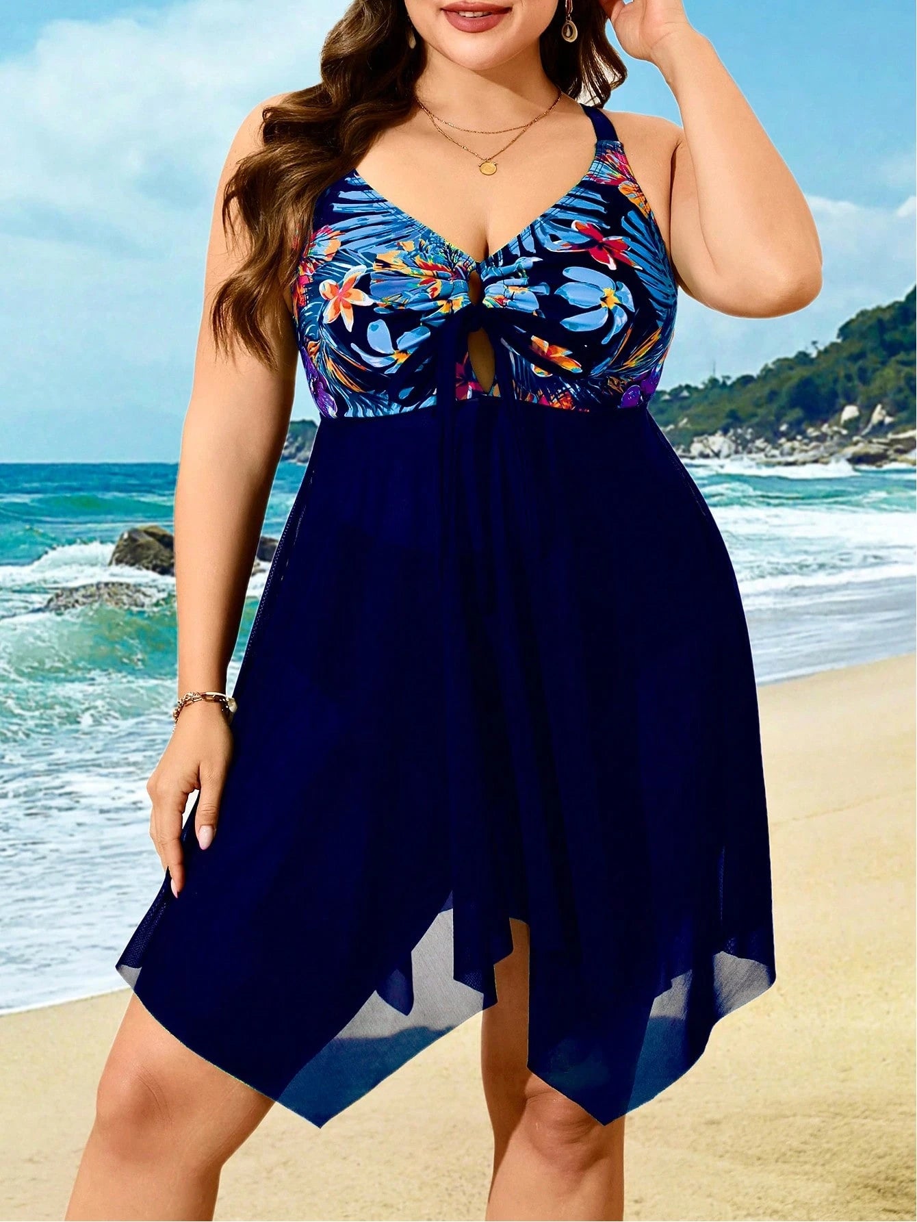 Swim Lushoire Plus Size Women 2 Pieces Tropical Print Splicing Black Mesh Beach Vacation Swimsuit For Summer