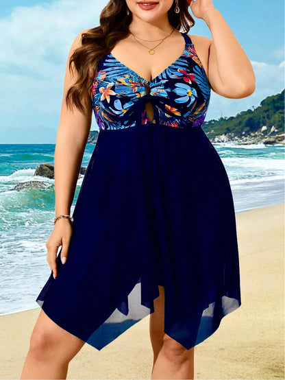 Swim Lushoire Plus Size Women 2 Pieces Tropical Print Splicing Black Mesh Beach Vacation Swimsuit For Summer