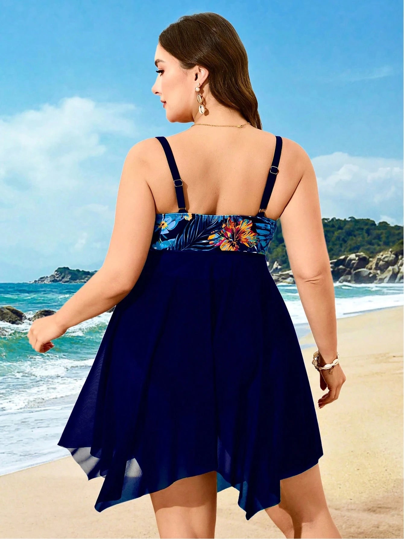 Swim Lushoire Plus Size Women 2 Pieces Tropical Print Splicing Black Mesh Beach Vacation Swimsuit For Summer