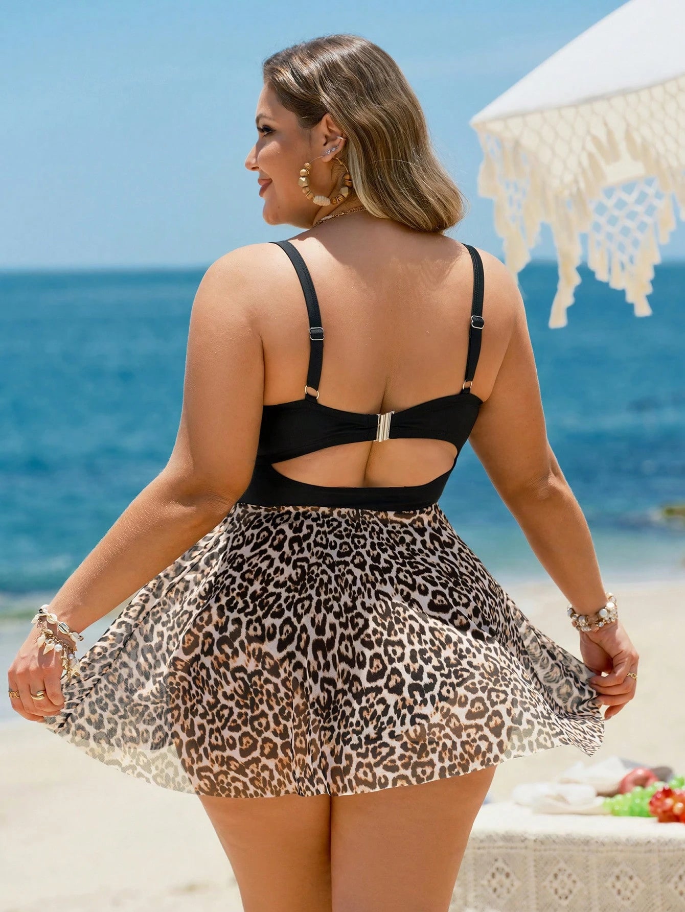 Swim Lushoire Plus Size Women 2pcs/Set Leopard Print Mesh Padded Wire Bra High Waist Bottoms Tankini Swimsuit,Adjustable Strap,Elegant Summer Beach Vacation Holiday
