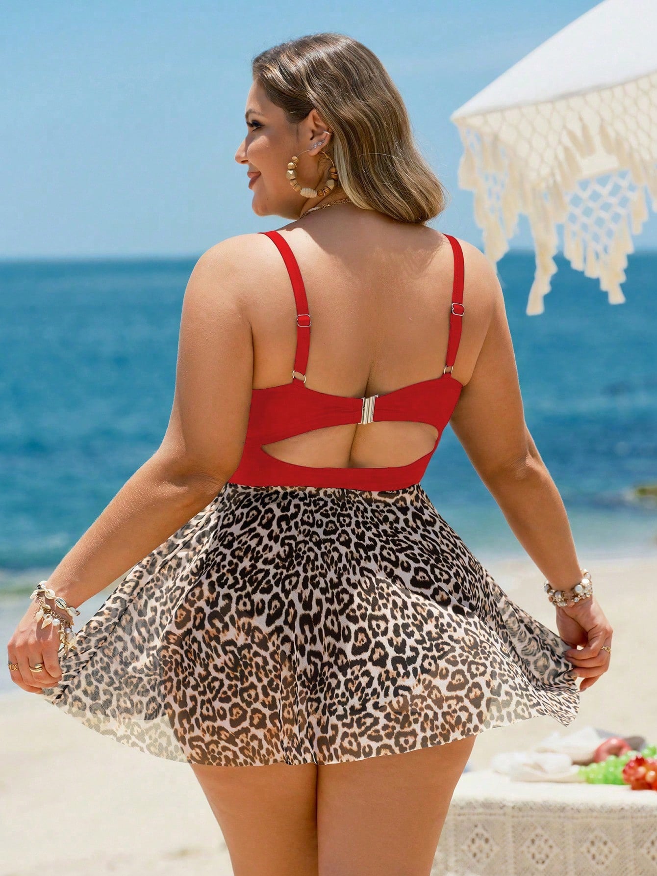 Swim Lushoire Plus Size Women 2pcs/Set Leopard Print Mesh Padded Wire Bra High Waist Bottoms Tankini Swimsuit,Adjustable Strap,Elegant Summer Beach Vacation Holiday