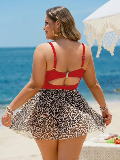 Swim Lushoire Plus Size Women 2pcs/Set Leopard Print Mesh Padded Wire Bra High Waist Bottoms Tankini Swimsuit,Adjustable Strap,Elegant Summer Beach Vacation Holiday