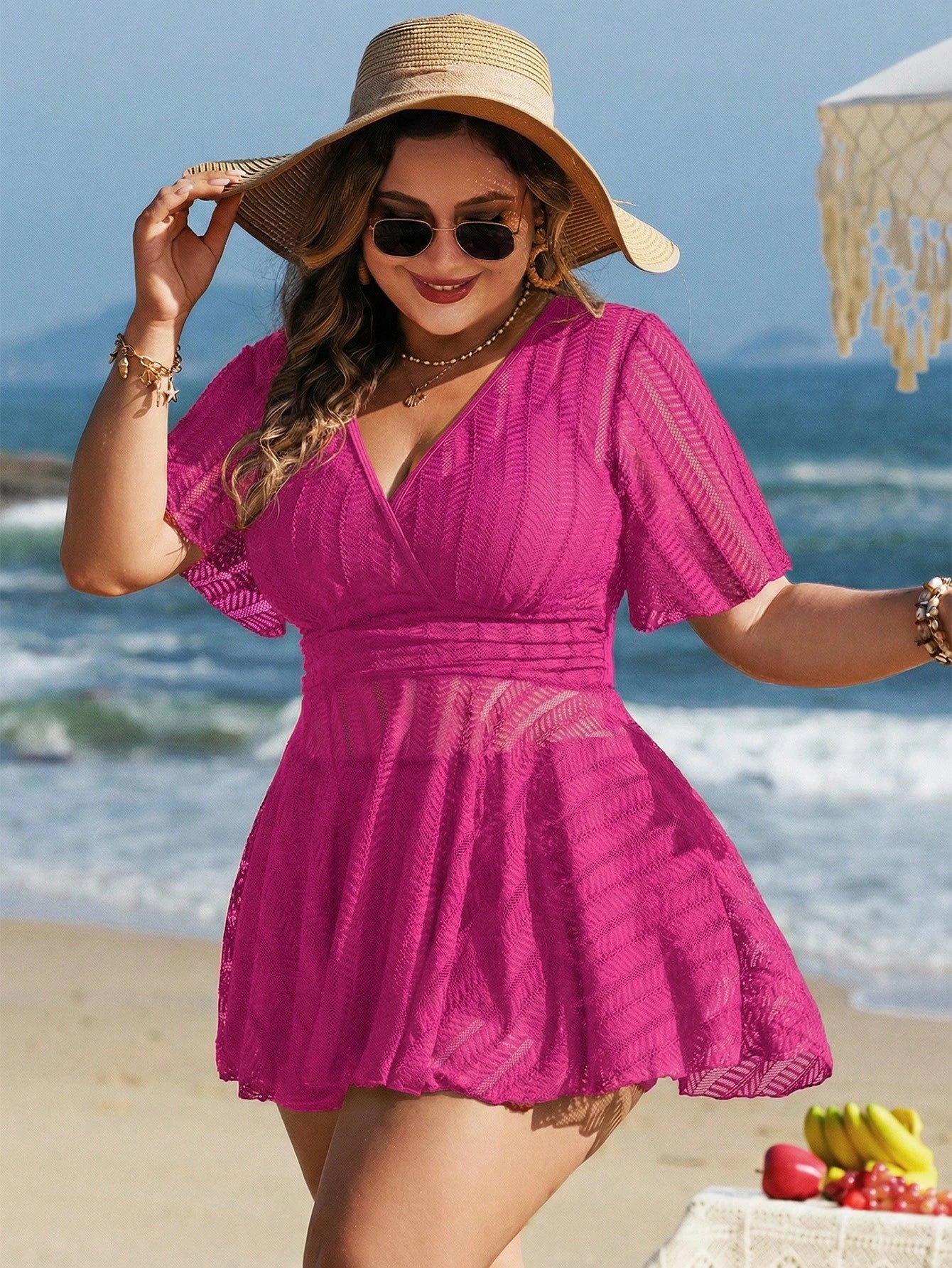 Swim Lushoire Plus Size Women 2pcs Solid Color Mesh Skirt Casual Beach Vacation Holiday Bikini Swimsuit Set Summer
