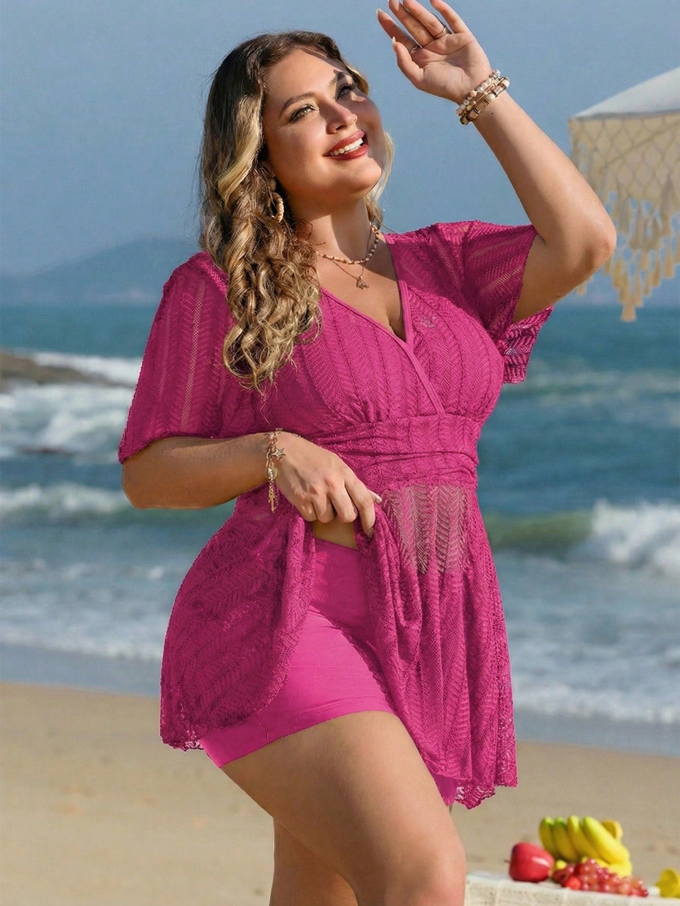 Swim Lushoire Plus Size Women 2pcs Solid Color Mesh Skirt Casual Beach Vacation Holiday Bikini Swimsuit Set Summer