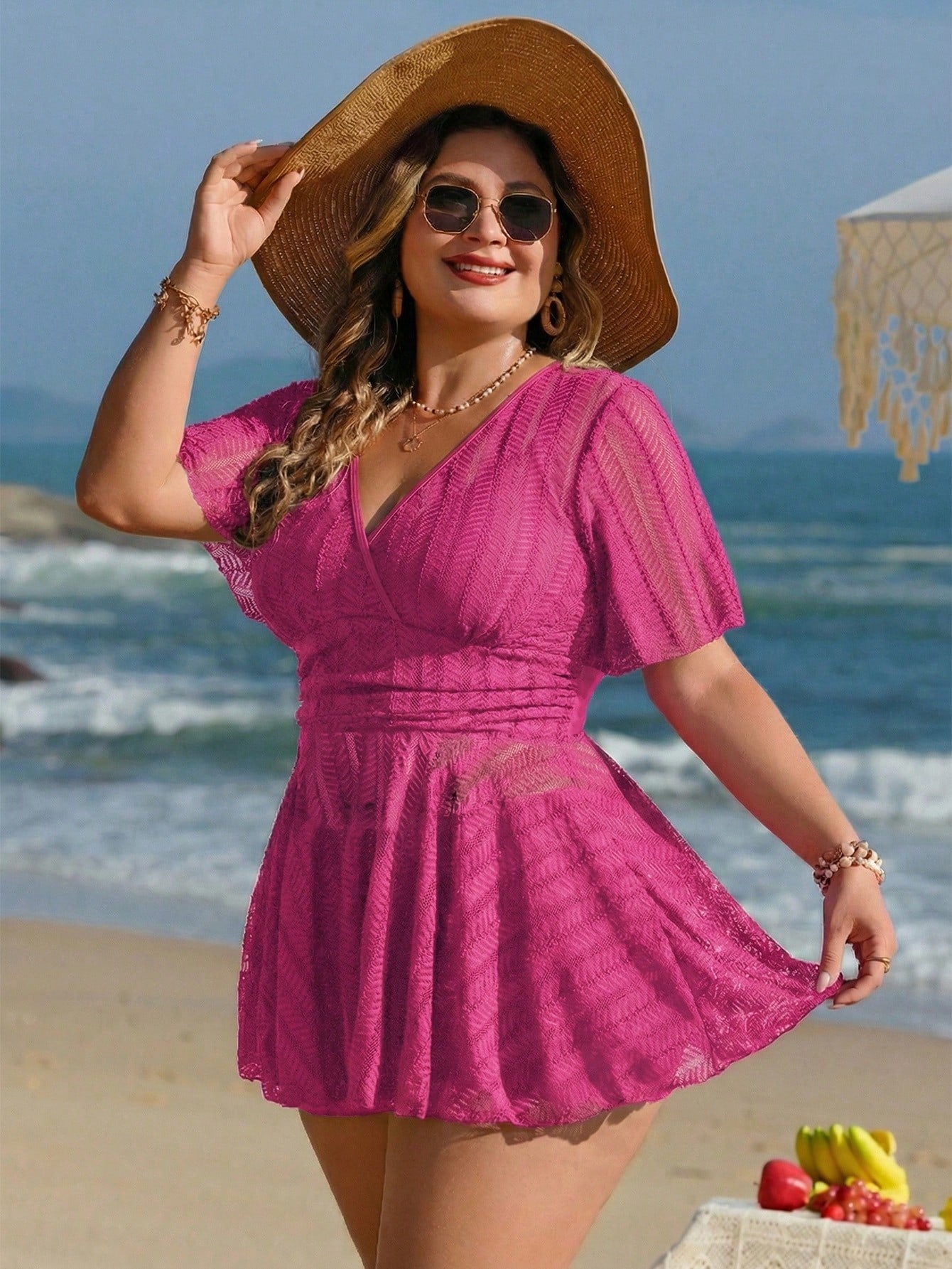 Swim Lushoire Plus Size Women 2pcs Solid Color Mesh Skirt Casual Beach Vacation Holiday Bikini Swimsuit Set Summer