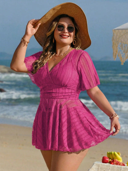Swim Lushoire Plus Size Women 2pcs Solid Color Mesh Skirt Casual Beach Vacation Holiday Bikini Swimsuit Set Summer