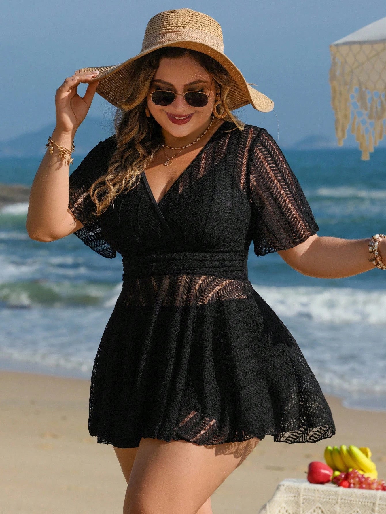 Swim Lushoire Plus Size Women 2pcs Solid Color Mesh Skirt Casual Beach Vacation Holiday Bikini Swimsuit Set Summer