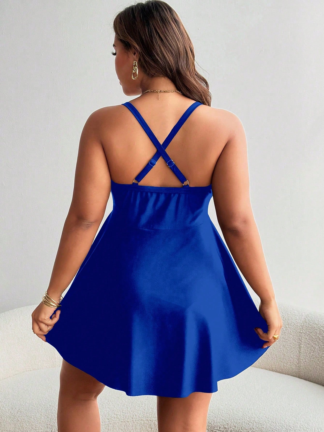 Swim Lushoire Plus Size Women Black Swimwear Dress With Frill Trim Front Tie For Summer Beach Vacation