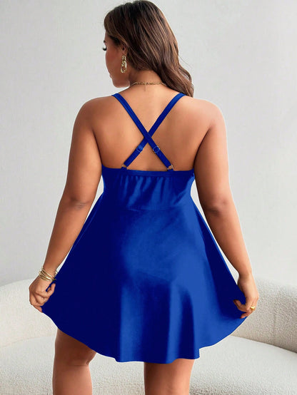 Swim Lushoire Plus Size Women Black Swimwear Dress With Frill Trim Front Tie For Summer Beach Vacation