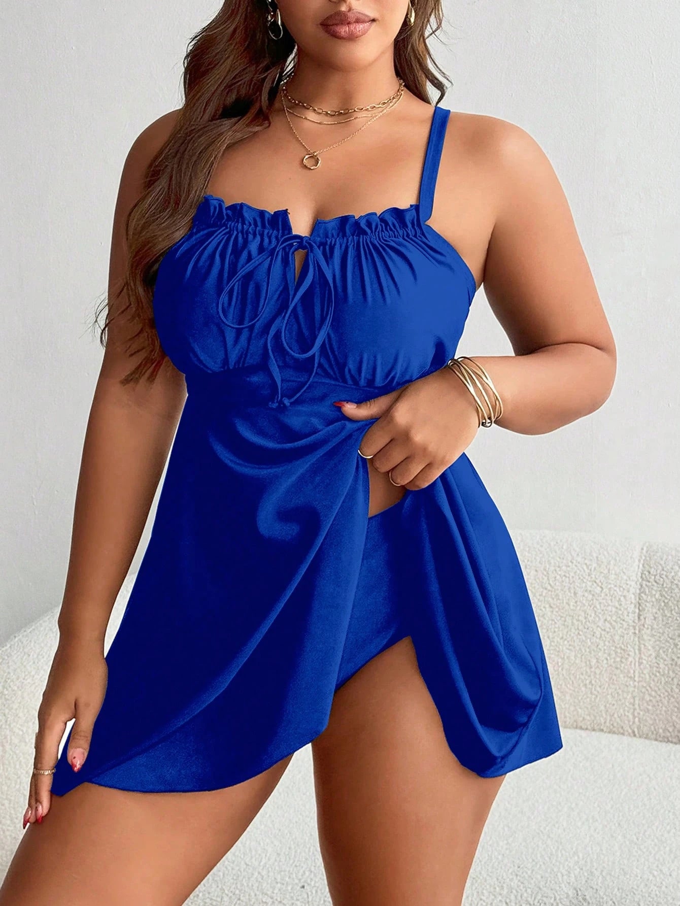 Swim Lushoire Plus Size Women Black Swimwear Dress With Frill Trim Front Tie For Summer Beach Vacation