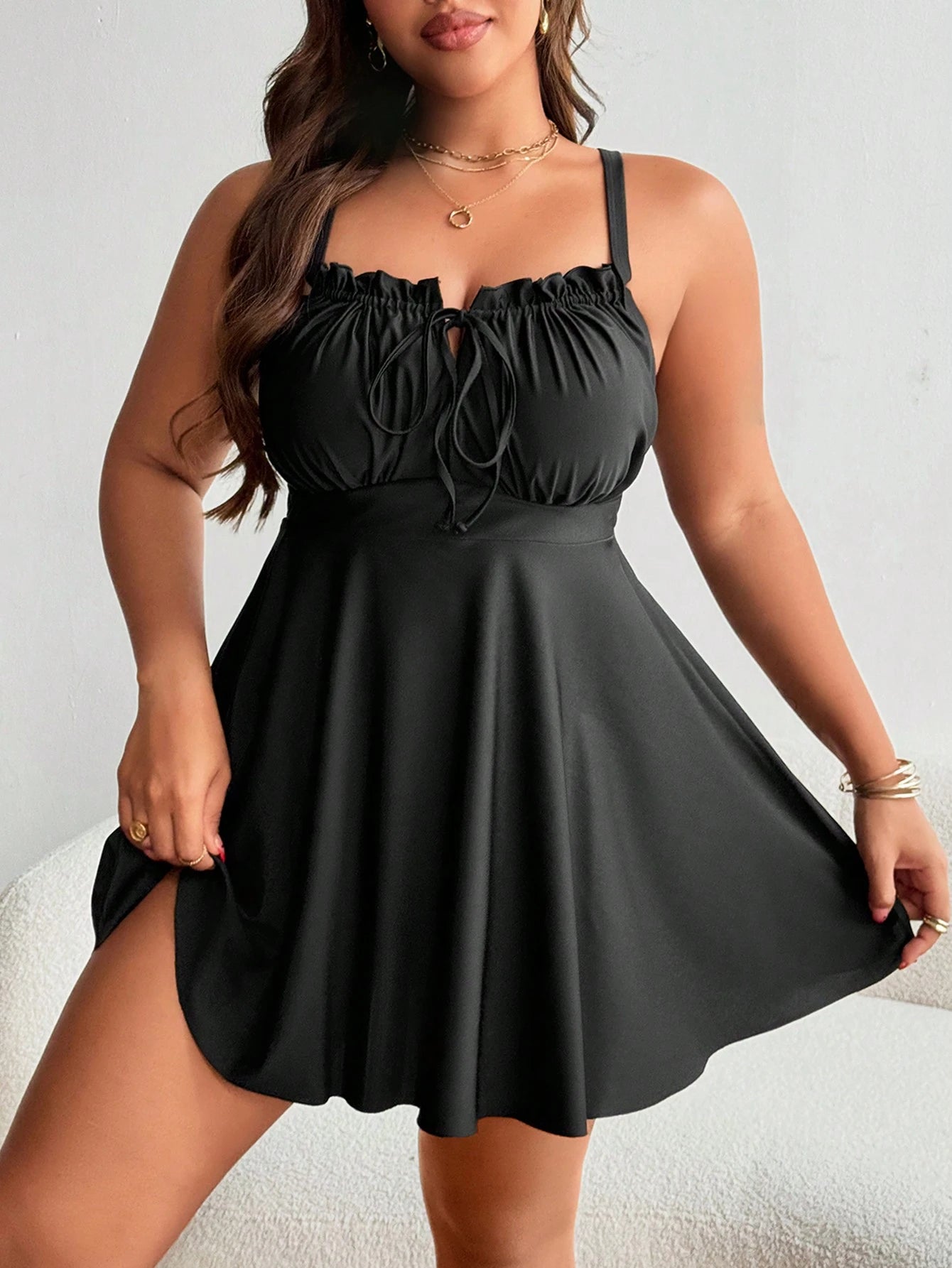 Swim Lushoire Plus Size Women Black Swimwear Dress With Frill Trim Front Tie For Summer Beach Vacation