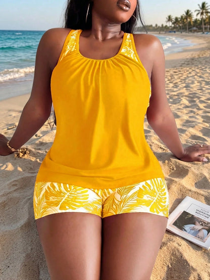 Swim Lushoire Plus Size Women Butter Yellow Yellow Tankini Swimwear With Tummy Control Vacation Summer
