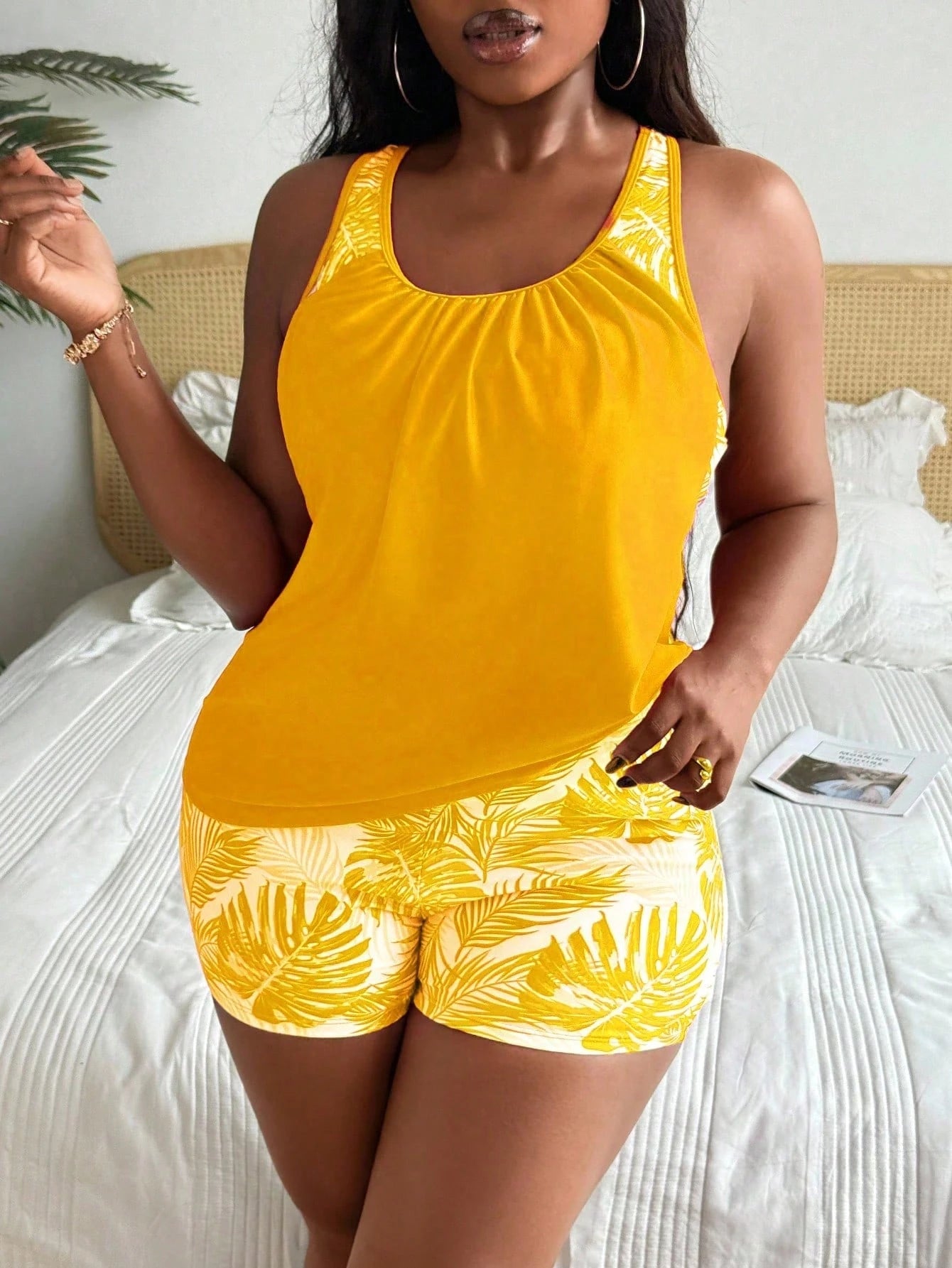 Swim Lushoire Plus Size Women Butter Yellow Yellow Tankini Swimwear With Tummy Control Vacation Summer