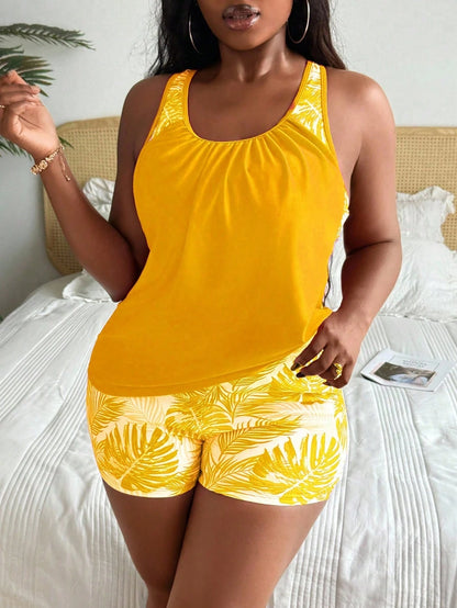 Swim Lushoire Plus Size Women Butter Yellow Yellow Tankini Swimwear With Tummy Control Vacation Summer