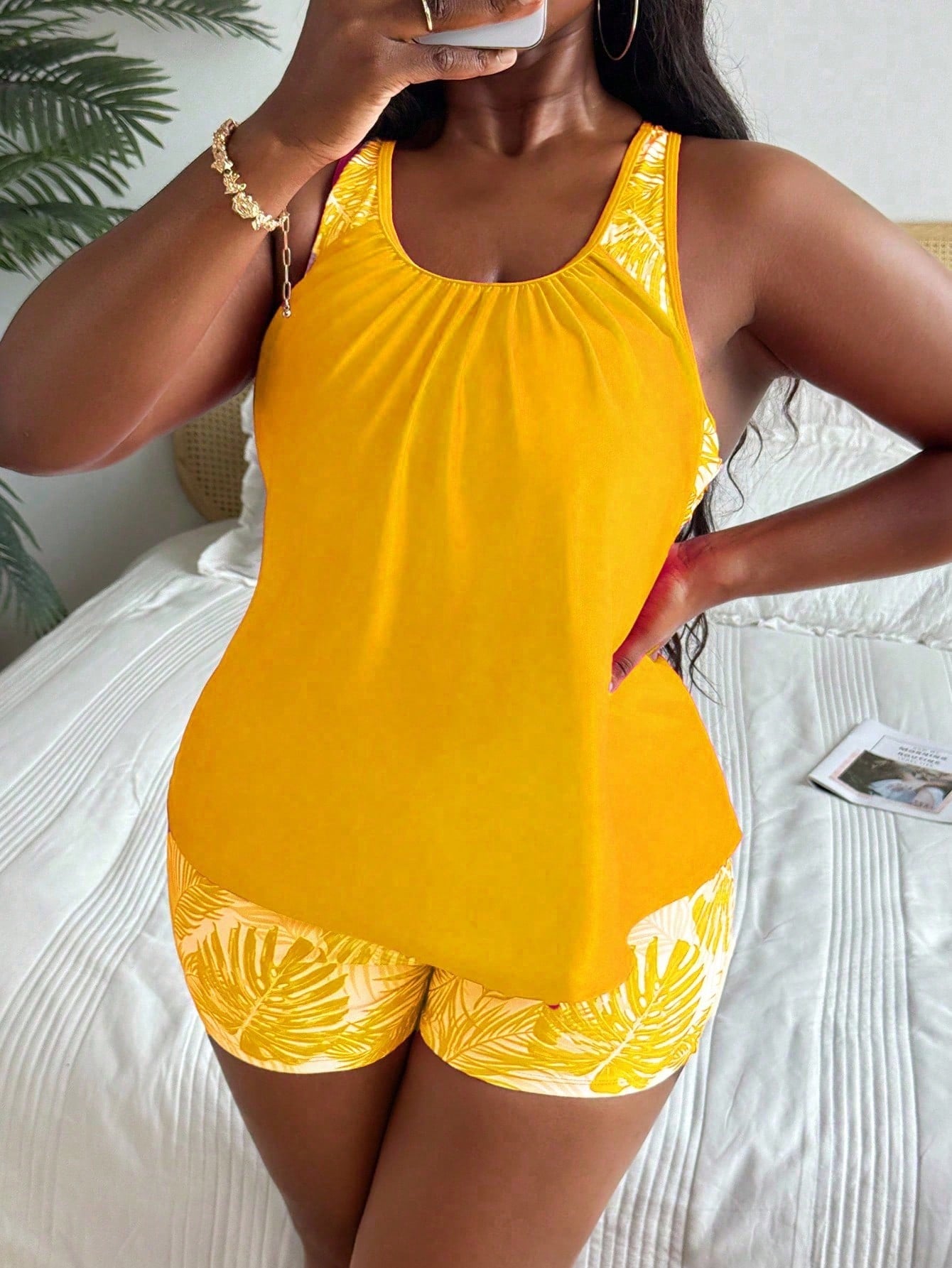 Swim Lushoire Plus Size Women Butter Yellow Yellow Tankini Swimwear With Tummy Control Vacation Summer