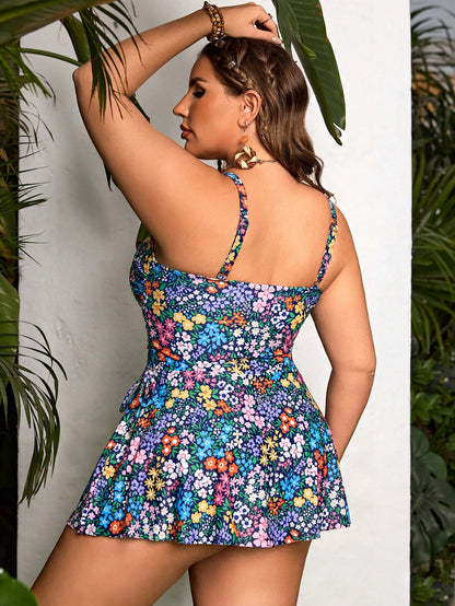 Swim Lushoire Plus Size Women Holiday Beach Colorful Floral Print Spaghetti Strap Bow Tie Tankini Swimwear Dress Camisole Bikini Set Summer Boho