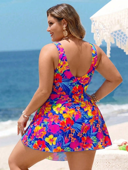 Swim Lushoire Plus Size Women Light Blue Leaf Print Halter Swimdress, Beach Vacation Holiday Swimwear Summer
