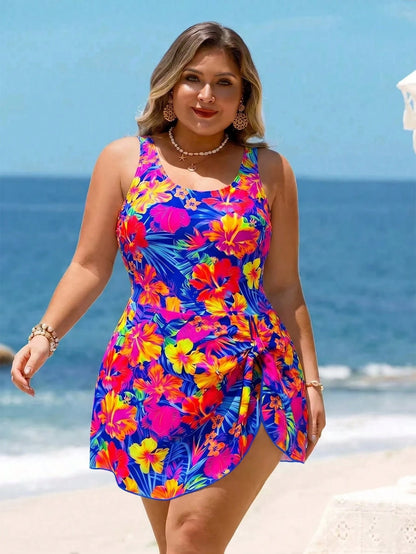 Swim Lushoire Plus Size Women Light Blue Leaf Print Halter Swimdress, Beach Vacation Holiday Swimwear Summer
