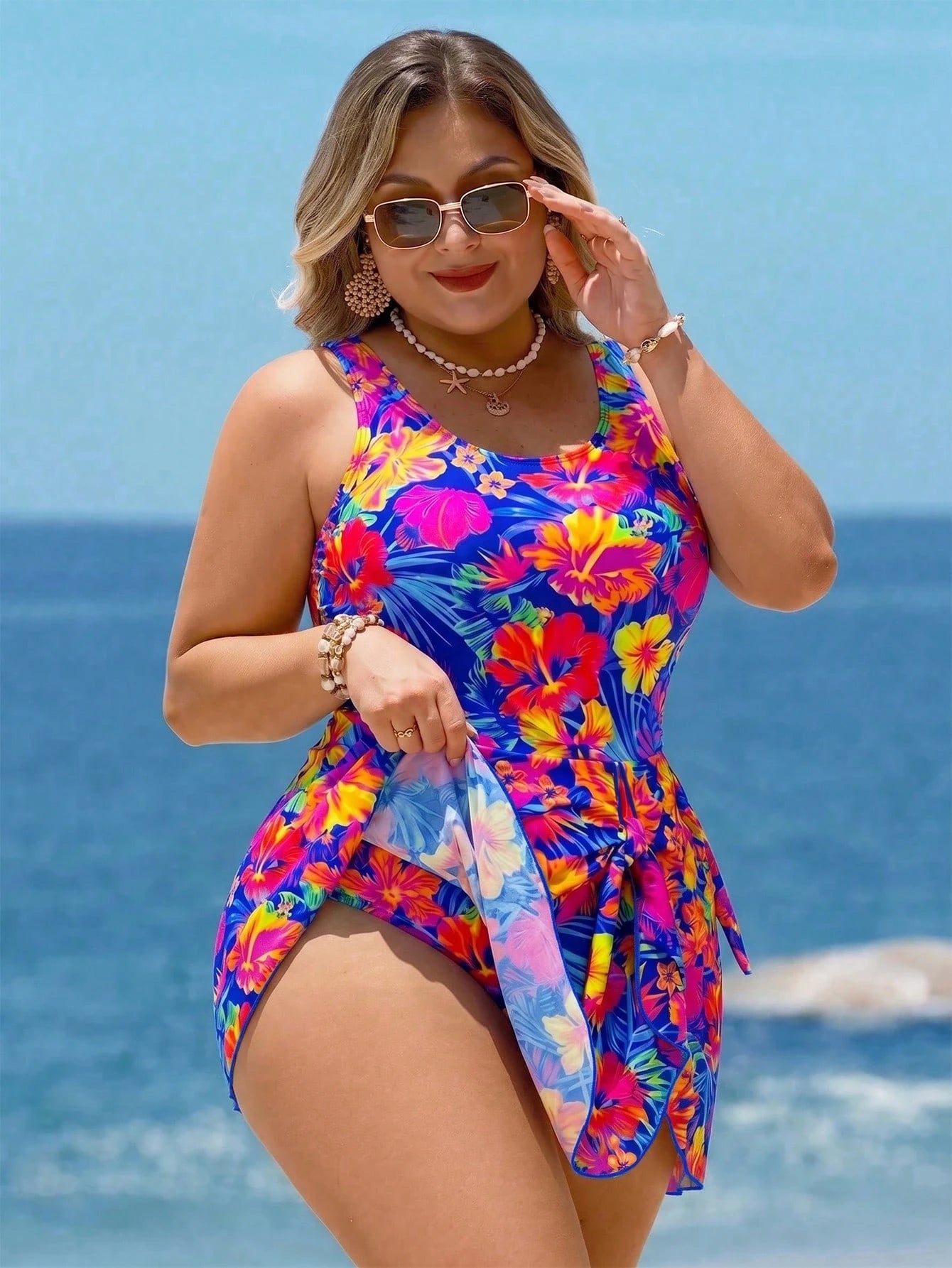 Swim Lushoire Plus Size Women Light Blue Leaf Print Halter Swimdress, Beach Vacation Holiday Swimwear Summer