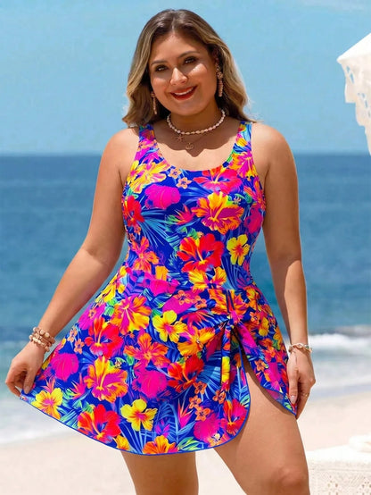 Swim Lushoire Plus Size Women Light Blue Leaf Print Halter Swimdress, Beach Vacation Holiday Swimwear Summer
