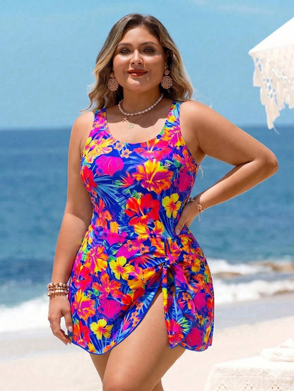 Swim Lushoire Plus Size Women Light Blue Leaf Print Halter Swimdress, Beach Vacation Holiday Swimwear Summer
