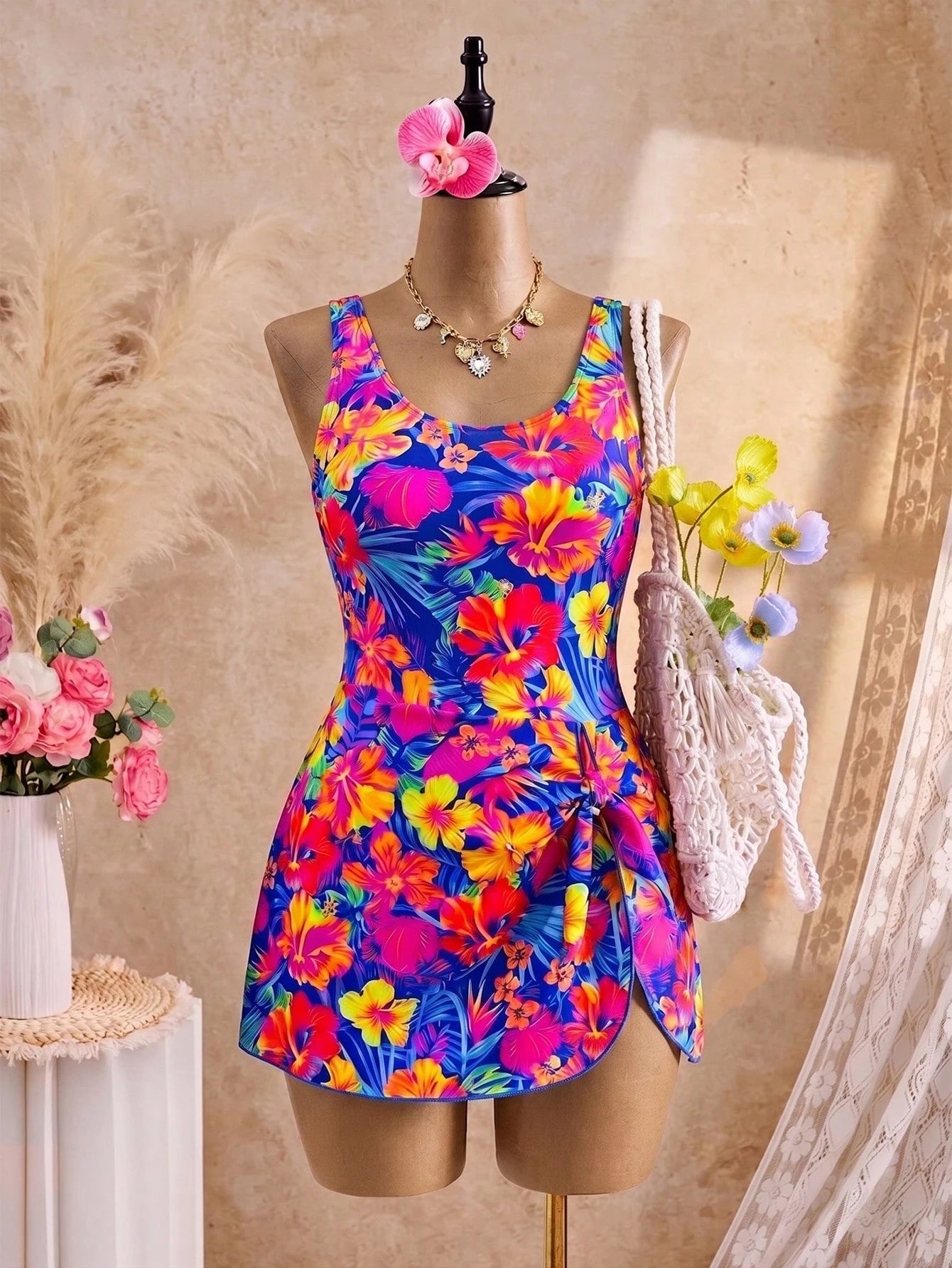 Swim Lushoire Plus Size Women Light Blue Leaf Print Halter Swimdress, Beach Vacation Holiday Swimwear Summer