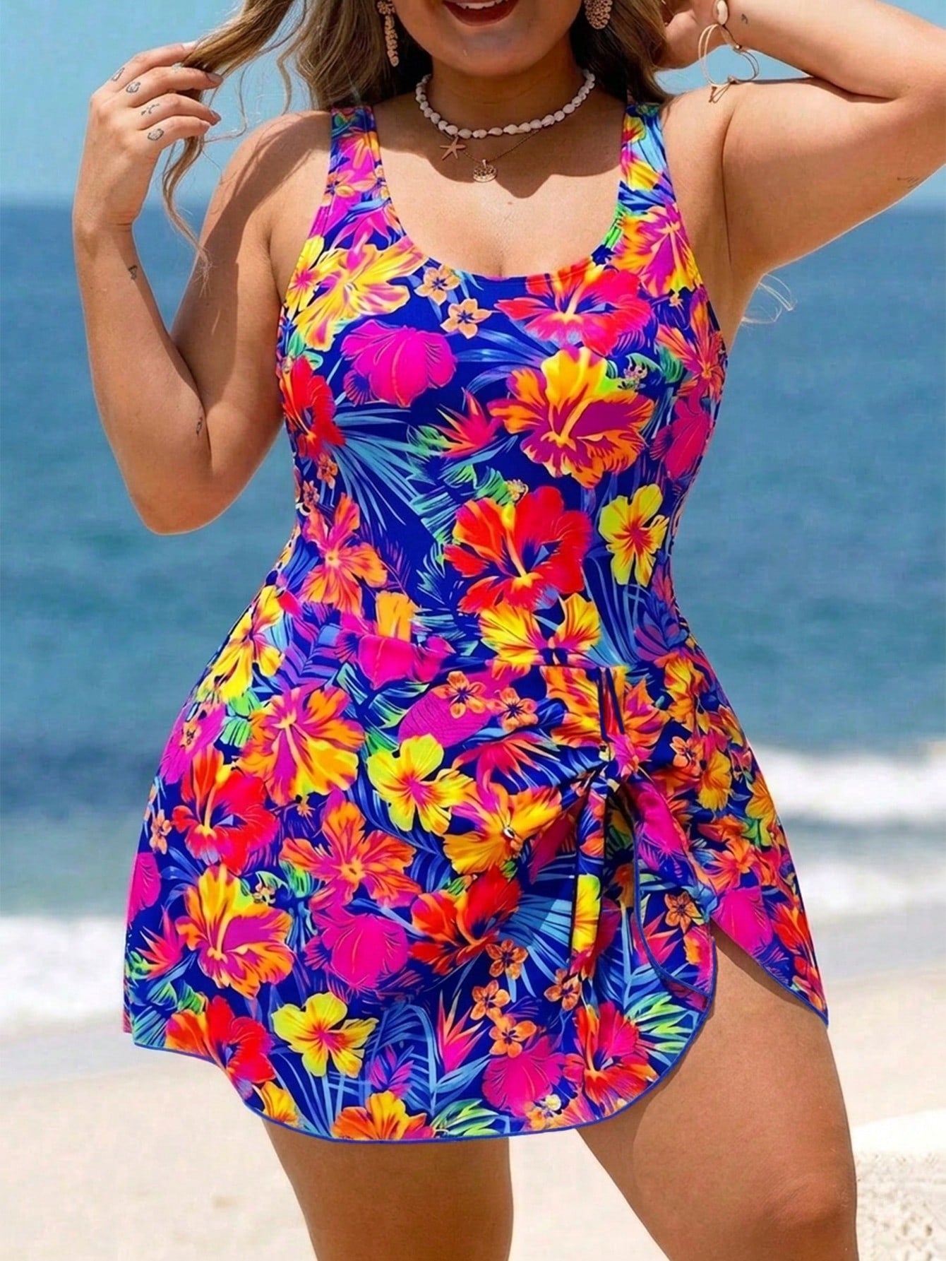 Swim Lushoire Plus Size Women Light Blue Leaf Print Halter Swimdress, Beach Vacation Holiday Swimwear Summer