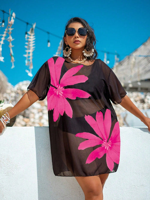 Swim Lushoire Plus Size Women Loose Mesh Print Short Sleeve Beach Cover-Up Pullover For Summer Beach Vacation