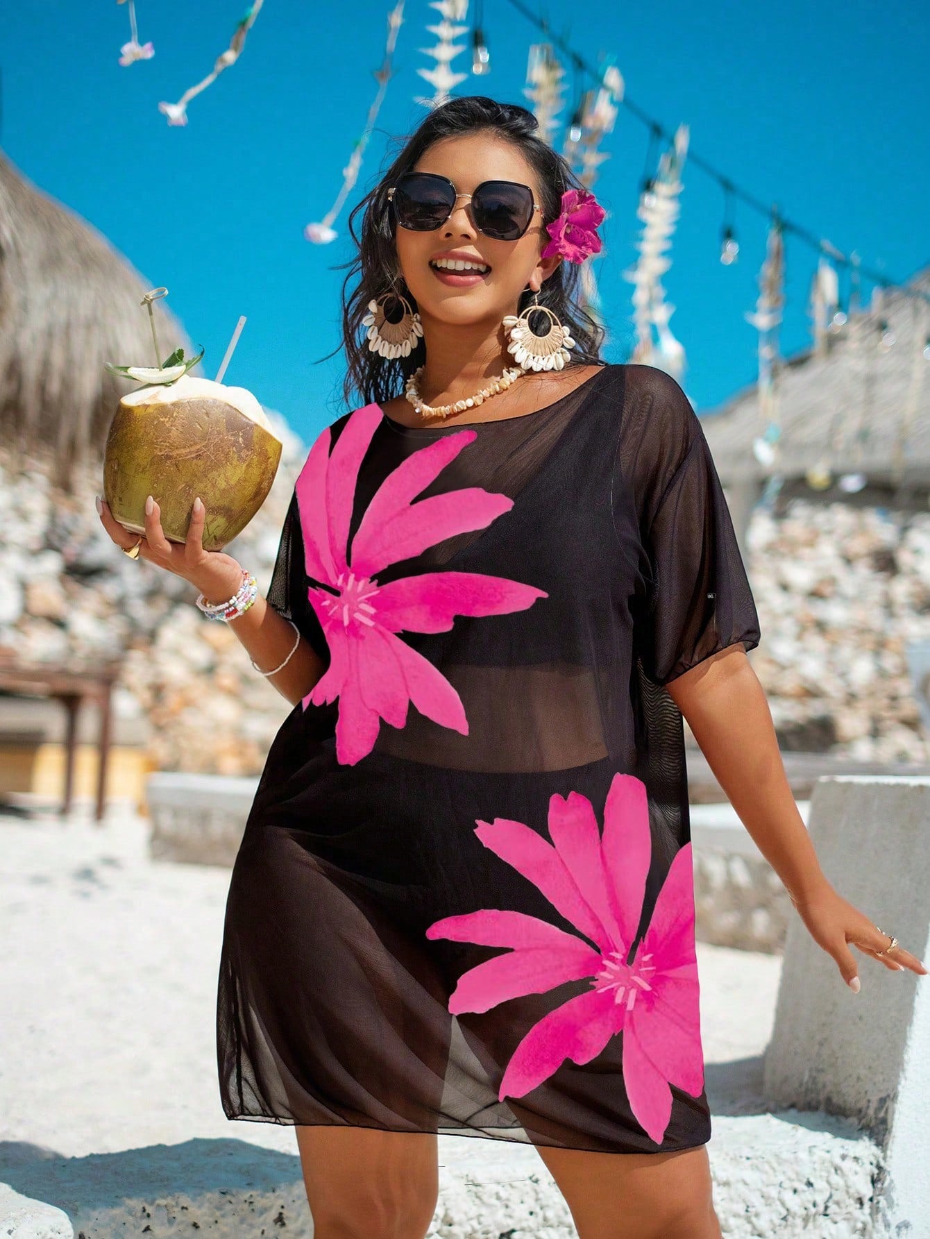 Swim Lushoire Plus Size Women Loose Mesh Print Short Sleeve Beach Cover-Up Pullover For Summer Beach Vacation